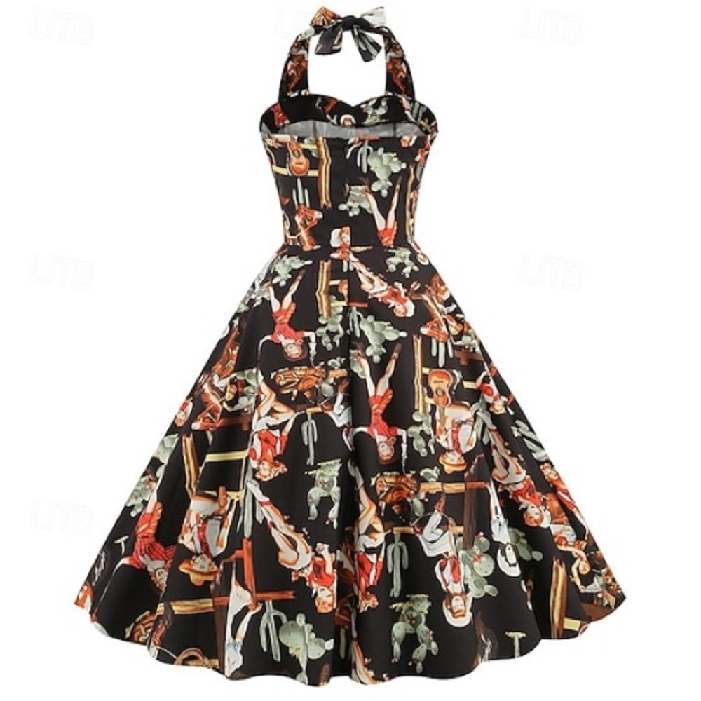 Pin-up Cosplay Retro 50s Cowgirl Swing Western Dance Midi Dress with Crinoline